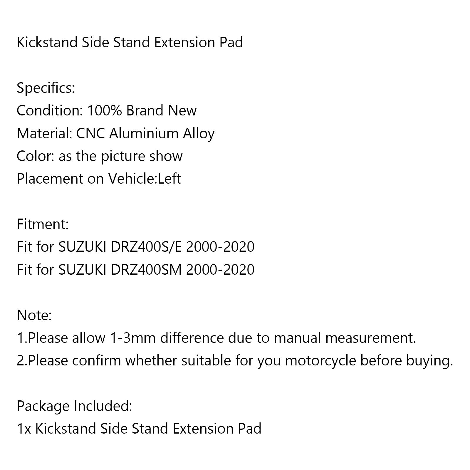 Kickstand Sidestand Agrandir Plaque Pad pour SUZUKI DRZ400S/E DRZ400SM 2000+ Noir Générique