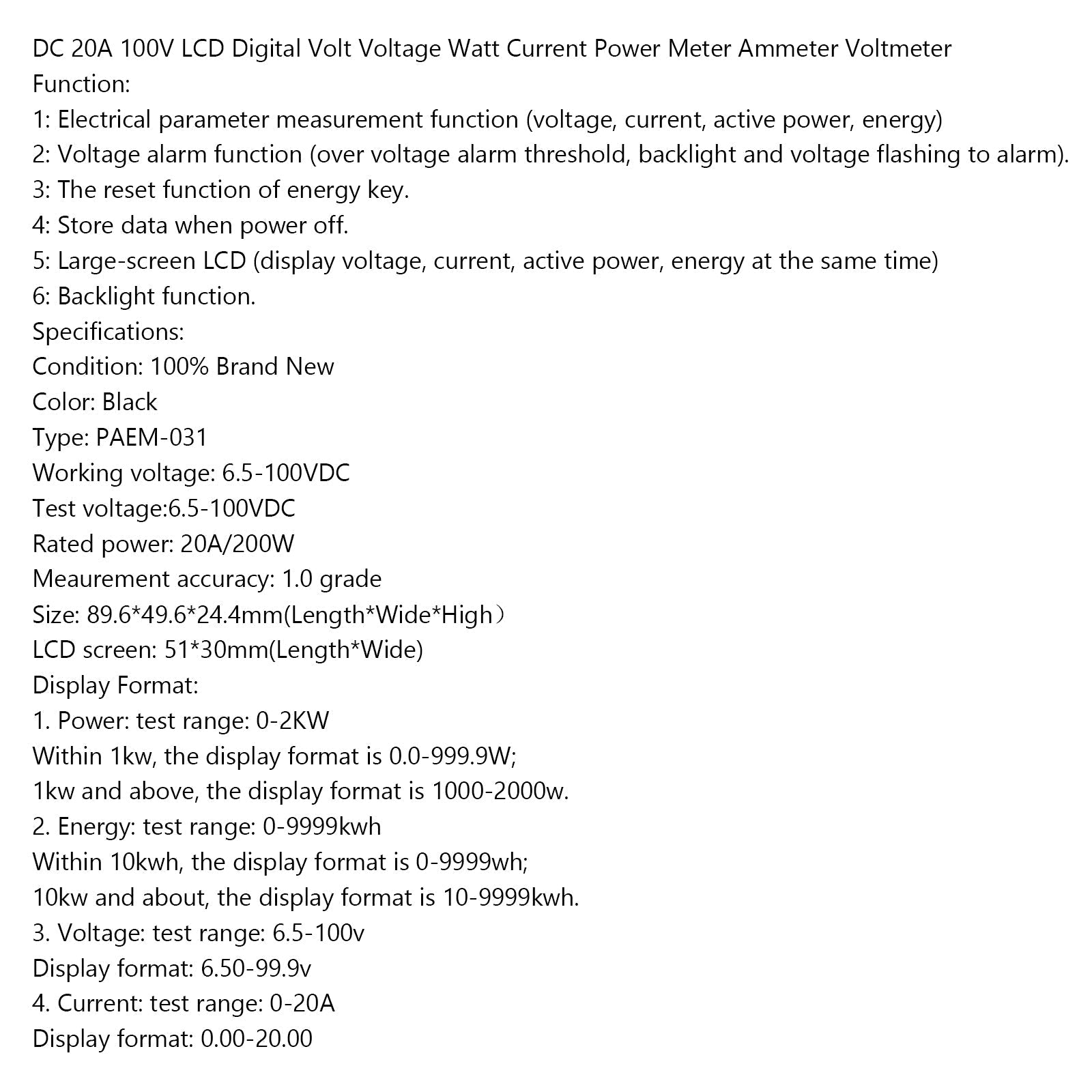 DC 20A 100V LCD Numérique Volt Tension Watt Courant Compteur De Puissance Ampèremètre Voltmètre