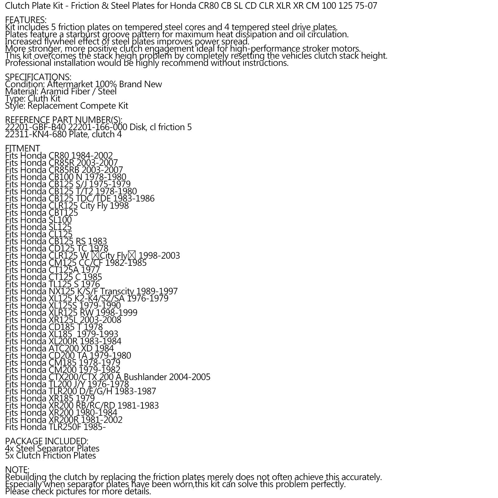 Kit Embrayage Acier &amp; Disques Friction pour Honda CR80 CB SL CD CLR XLR XR CM 100 125 Generic