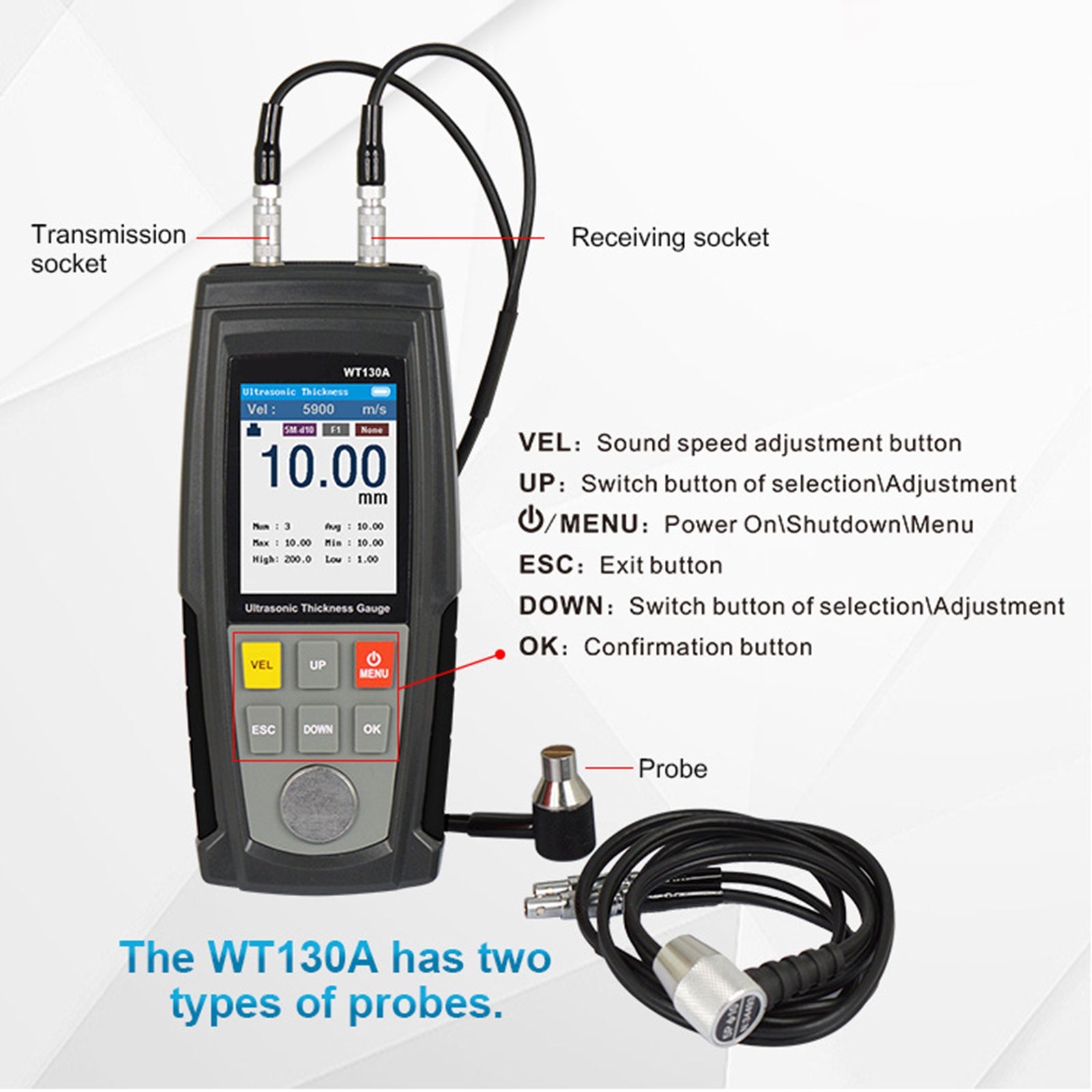 Strumento tester LCD WT100A Sensore intelligente Misuratore di spessore ad ultrasuoni Velocità del suono