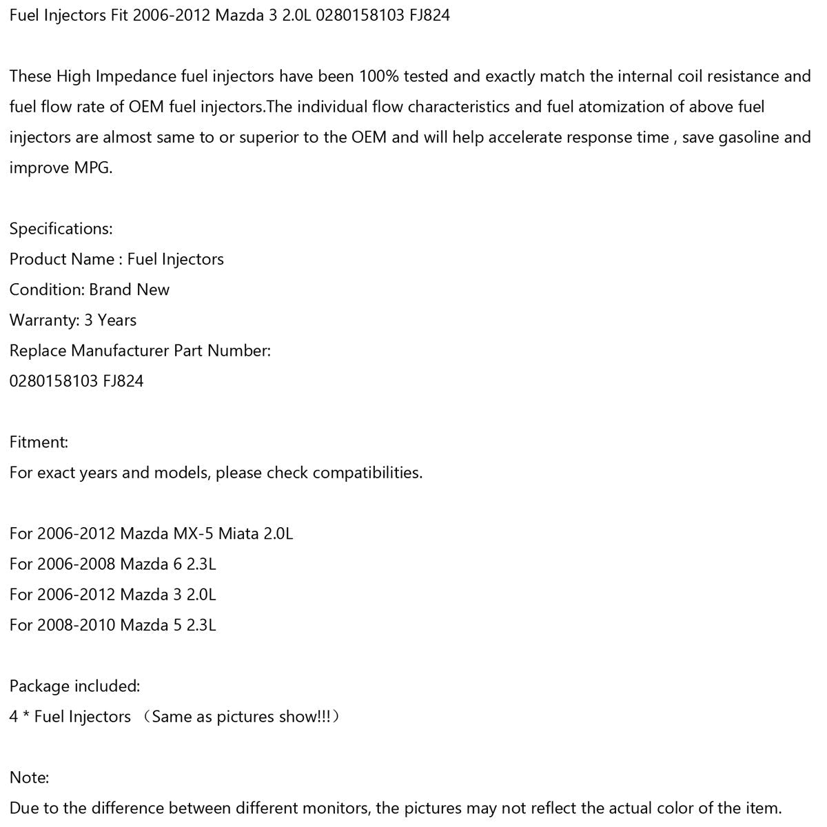 4 PCS Injecteurs de Carburant Fit 2006-2012 Mazda3 2.0L 2006-2008 Mazda6 0280158103 Générique