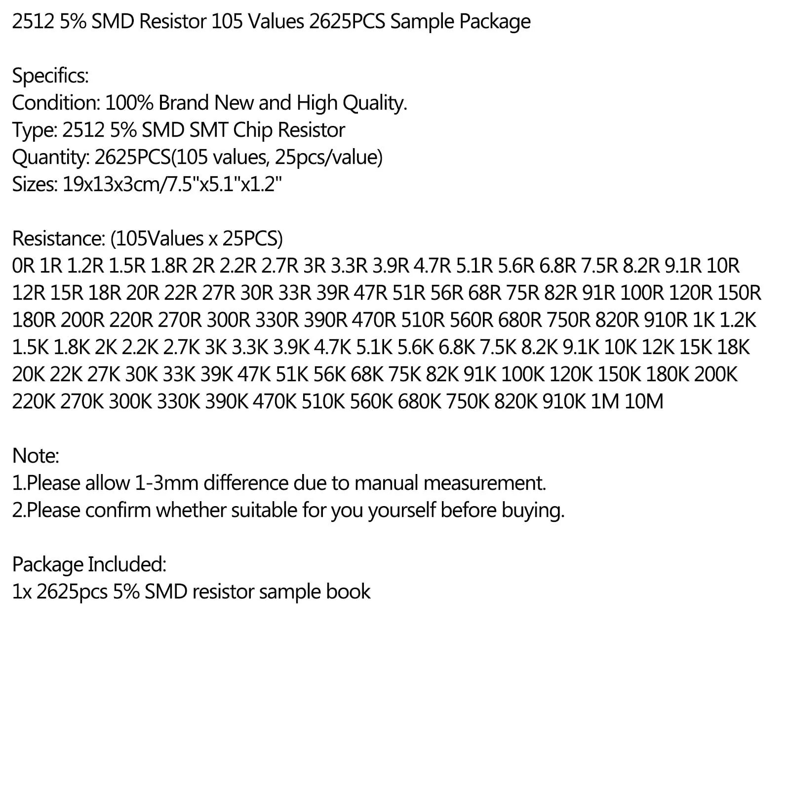 2625 pièces 2512 5% SMD puce SMT résistance 105 valeurs échantillon livre YAGEO Kits de bricolage