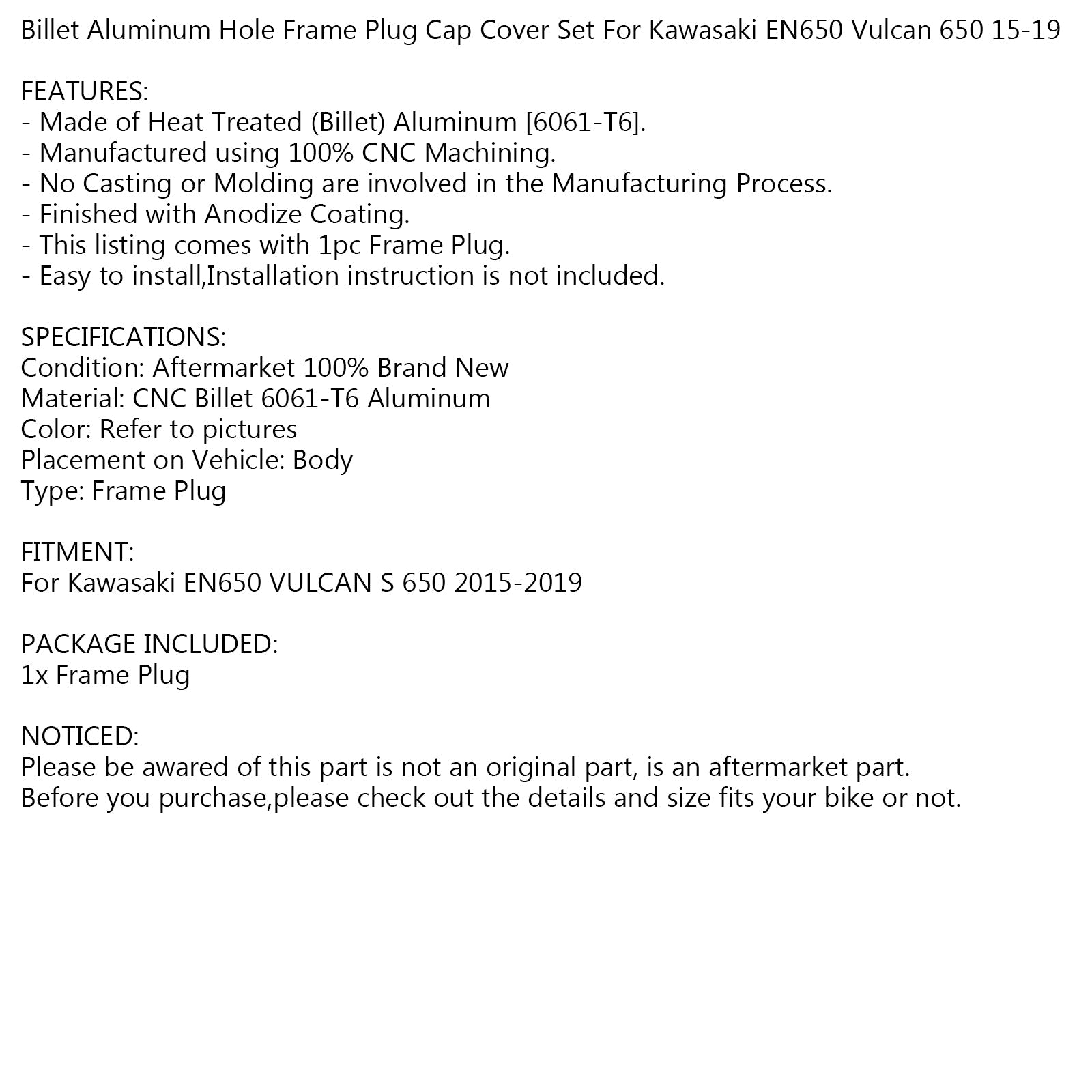 Tapón de admisión de marco de orificio de aluminio Billet para Kawasaki EN650 VULCAN S 650 15-19 genérico