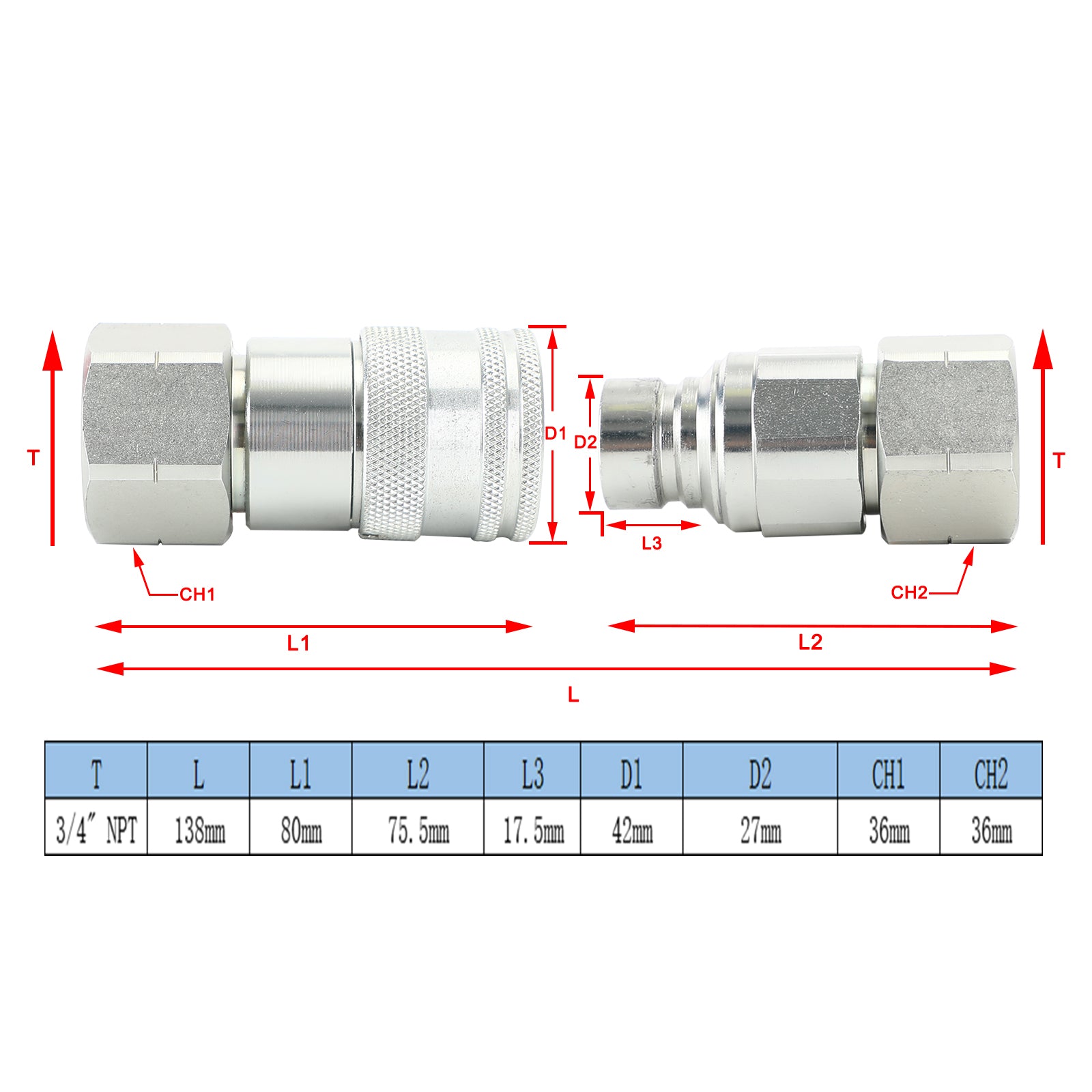 3/4" NPT Paire Hydraulique Flat Face Coupleur Rapide Skid Steer Pour Bobcat ISO 16028