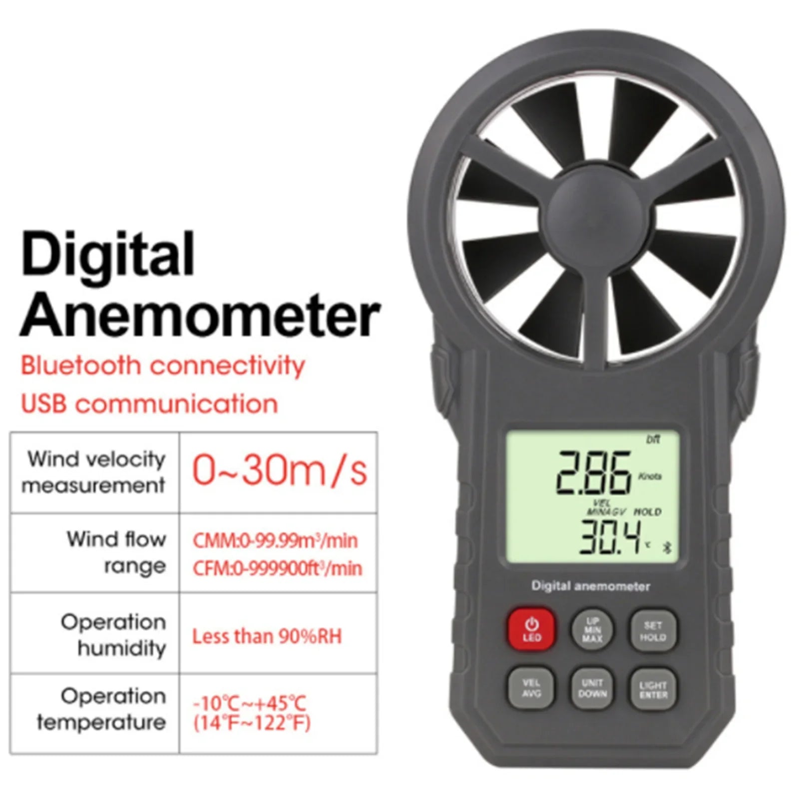 Anémomètre numérique LCD thermomètre débitmètre 'air jauge de vitesse du vent 0-30 M/s