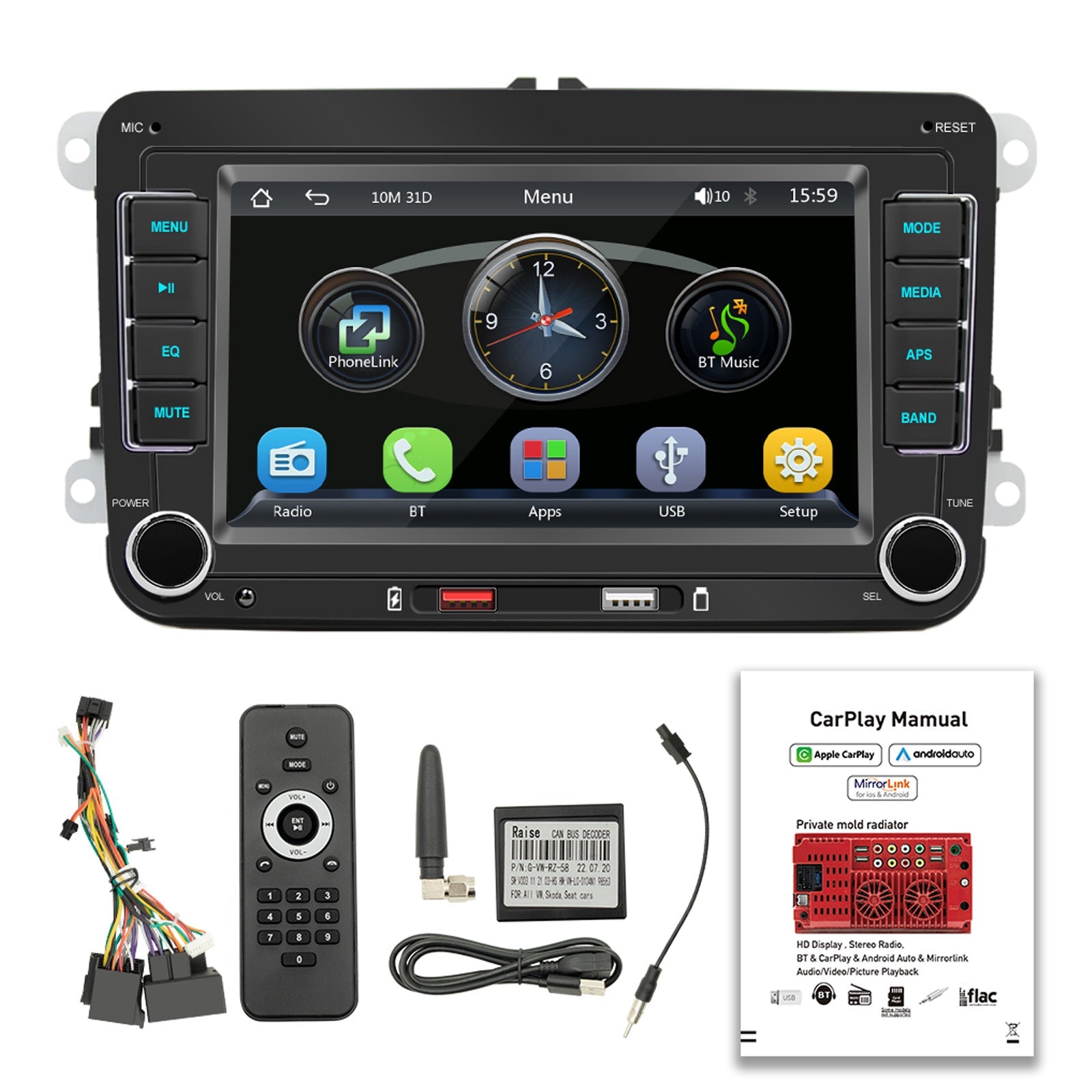 7 "Volkswagen Coche Bluetooth Radio Coche Reproductor MP5 Inalámbrico Carplay + 4 Cámara LED