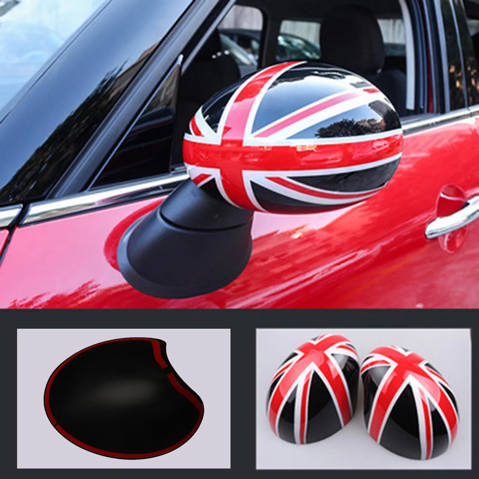 MINI Cooper R55 R56 R57 2 calotte per specchietti con bandiera britannica Union Jack nero/rosso