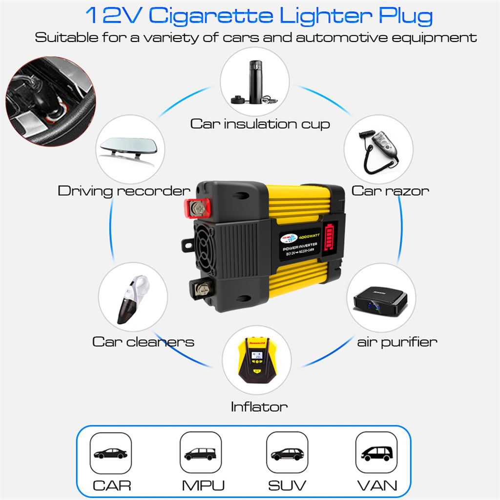 4000 W autotehon puhdas siniaaltoinvertteri LED-näytöllä DC 12V AC 220V invertteri