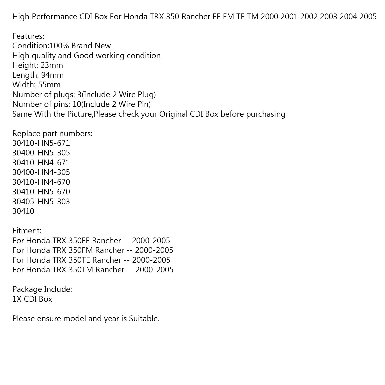 Remplacement du boîtier CDI pour Honda TRX350FE TRX350FM TRX350TE TRX350TM 00 01 02 03 05 générique