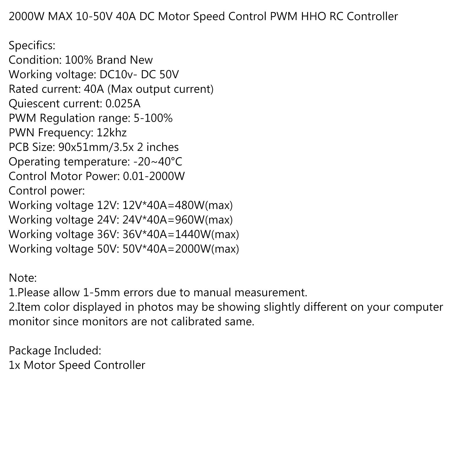 12V 24V 48V 2000W 10-50V 40A Contrôle de vitesse du moteur à brosse CC PWM HHO RC Controller