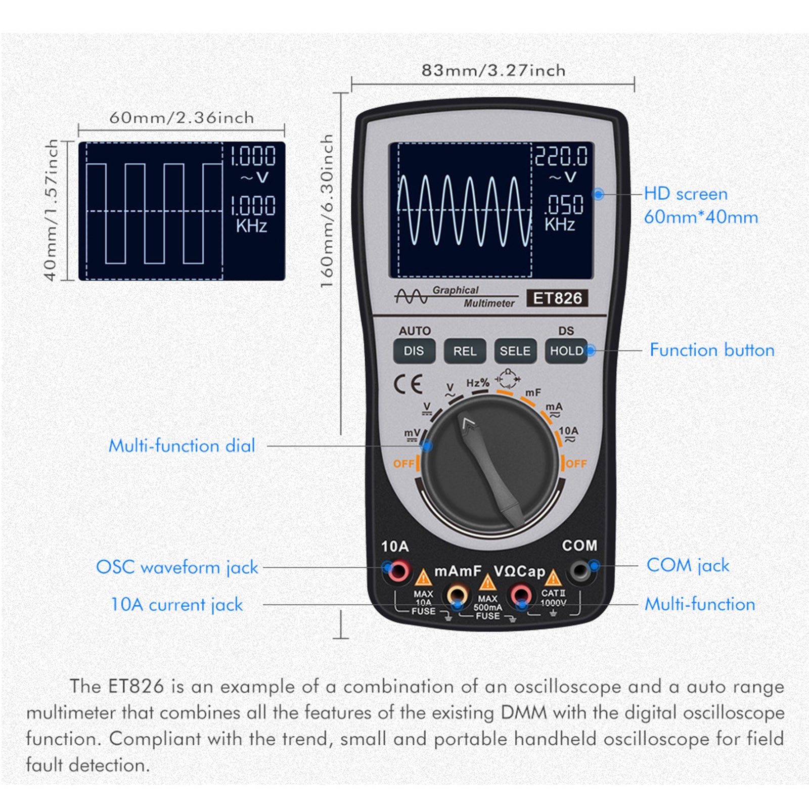 ET826 2 en 1 Digital Intelligent Oscilloscope Multimeter AC/DC Current Voltage