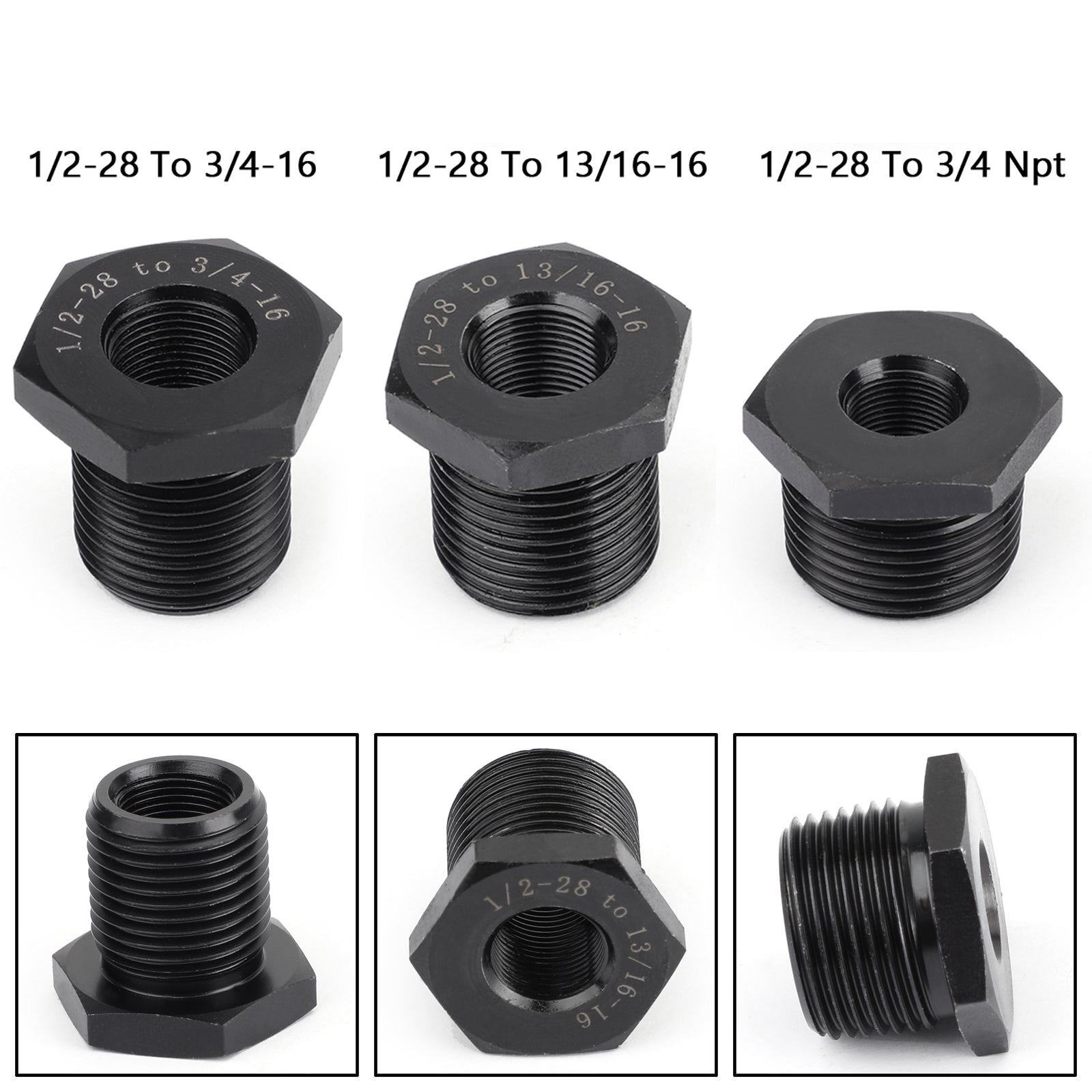 3PCS 1/2-28 to 3/4-16, 13/16-16, 3/4 NPT Thread Oil Filter Adapters Black New