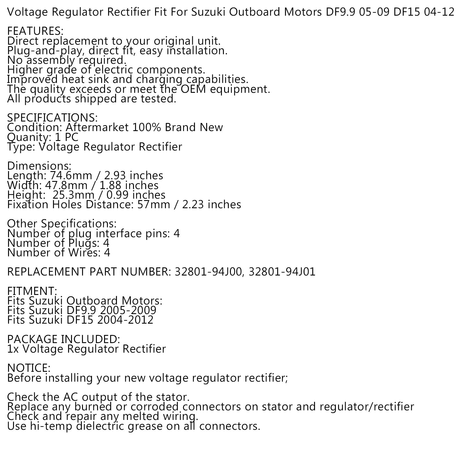 Redresseur Régulateur de Tension pour Suzuki DF9.9 05-09 DF15 04-12 Moteurs Hors-Bord Generic