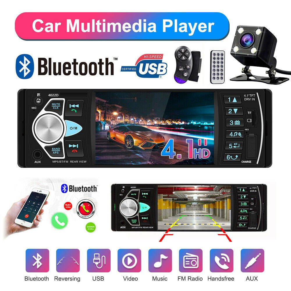 1DIN 4,1 tuuman autoradio Stereo Bluetooth FM USB AUX Audio MP5-soitin + kamera