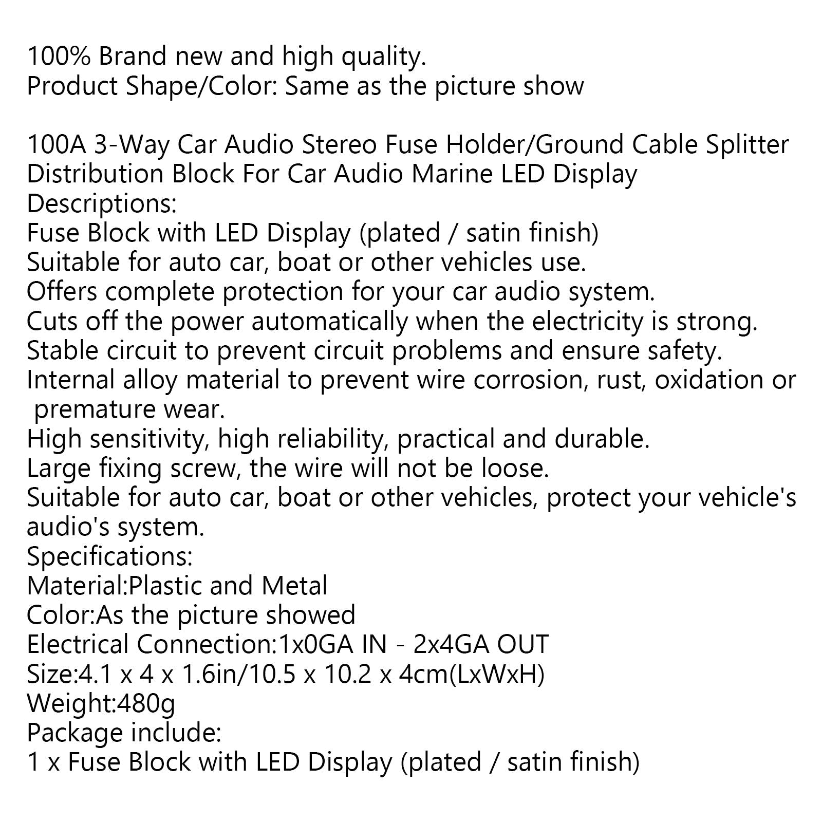 Couvercle transparent Boîtier en plastique Affichage LED 1x0 IN 2x4GA OUT Bloc de distribution Porte-fusible Séparateur Nickelé Résistant à la chaleur pour Car Audio Marine