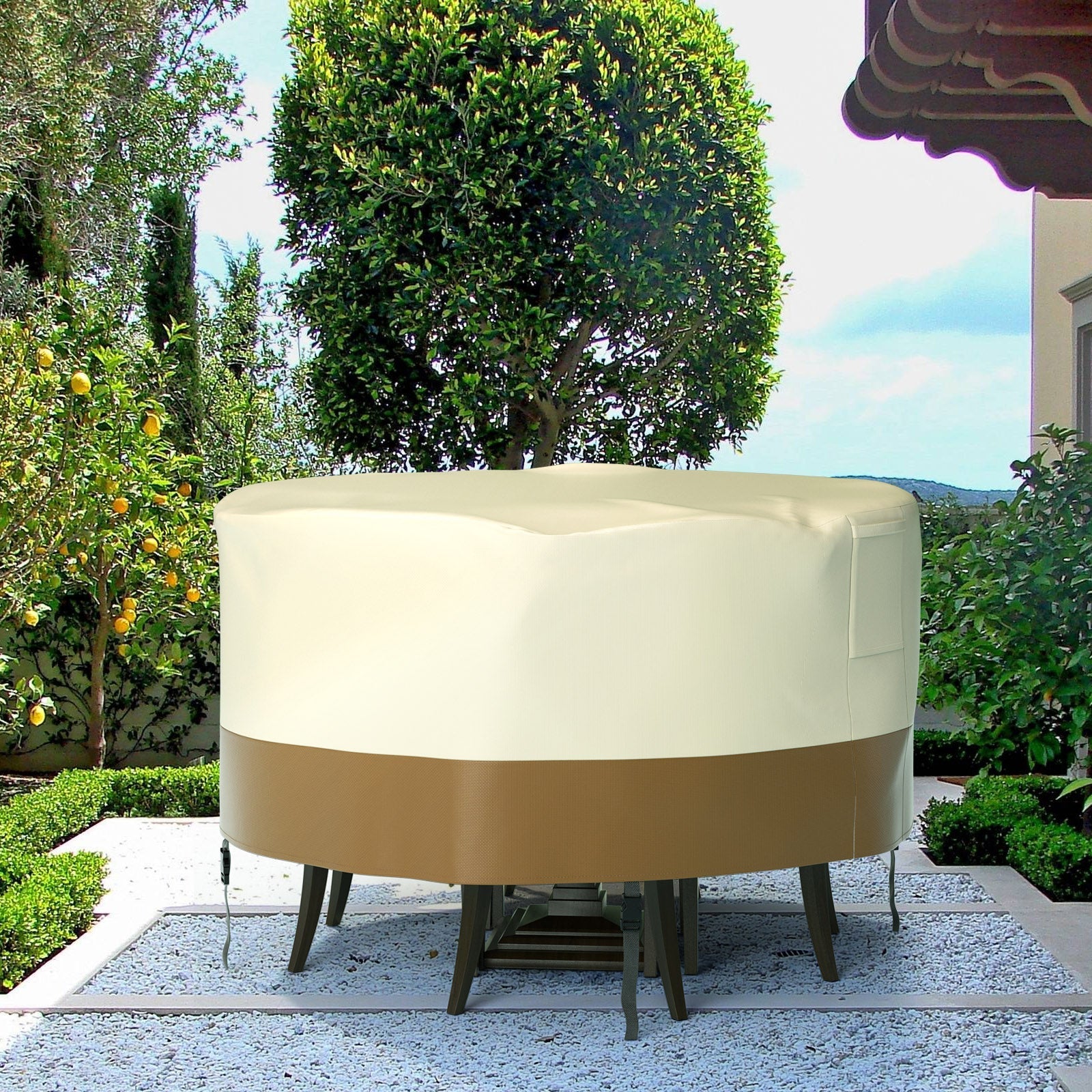 Cubierta impermeable circular para muebles de jardín 420D para mesas y sillas de exterior