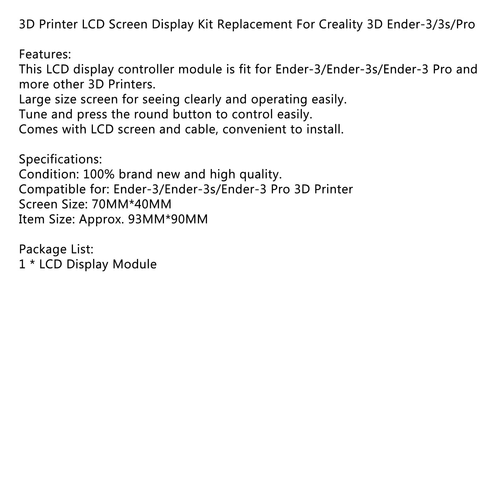 Reemplazo del kit de visualización de pantalla LCD de impresora 3D para Creality 3D Ender-3/3s/Pro