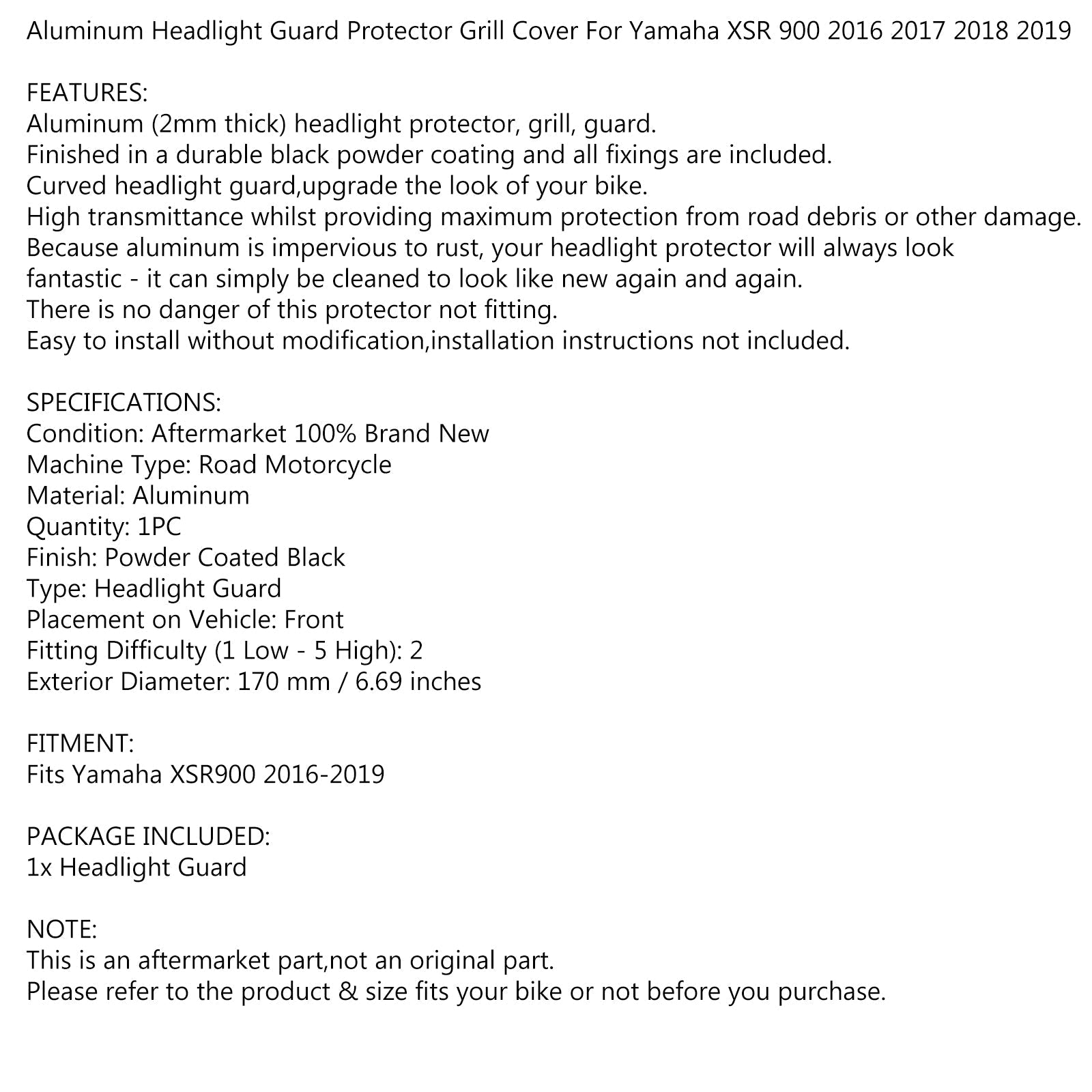 Protector de faro de aluminio negro para Yamaha XSR 900 2016-2019 Genérico
