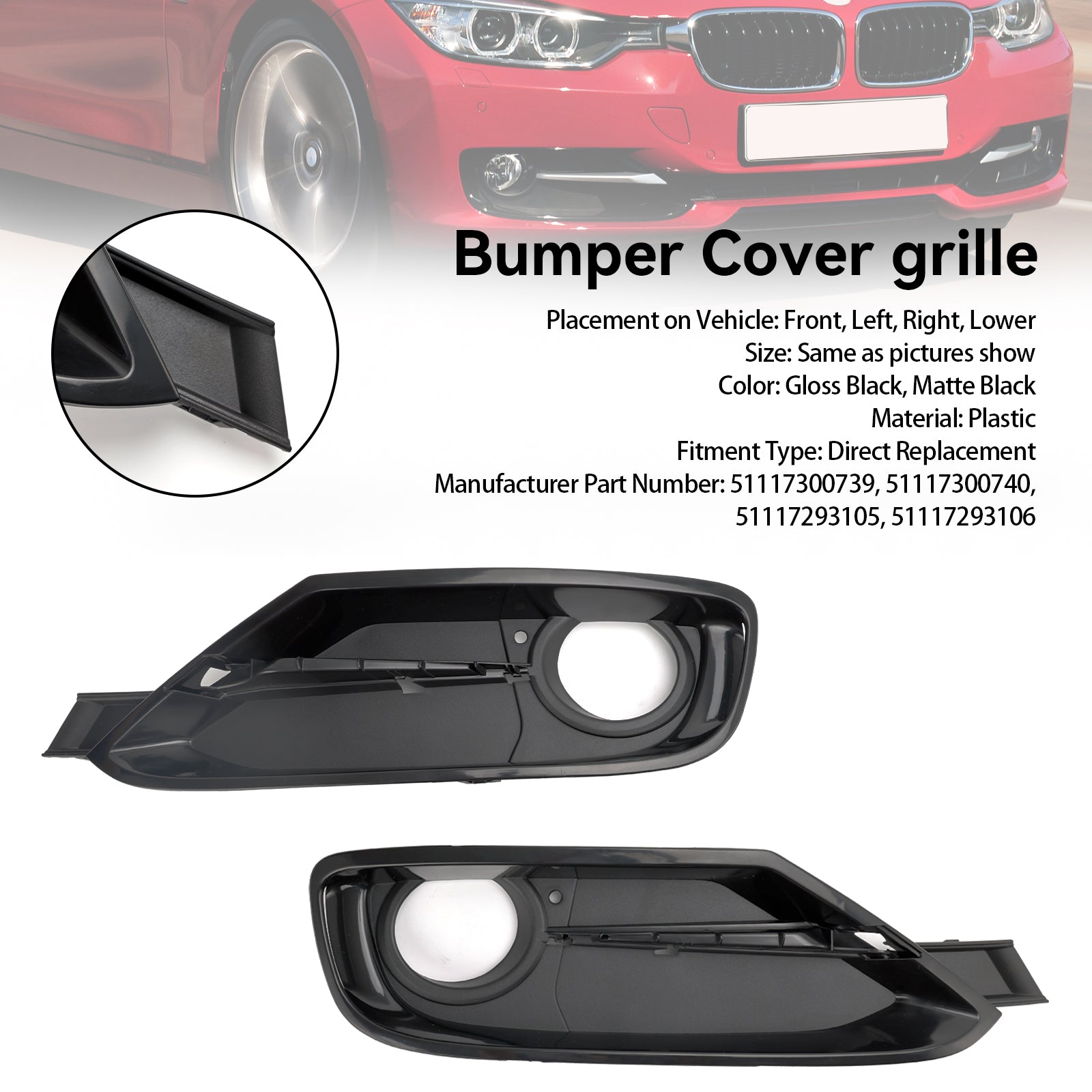 BMW Serie 3 F30 F31 2013-2015 2 coperture per griglia fendinebbia per paraurti anteriore