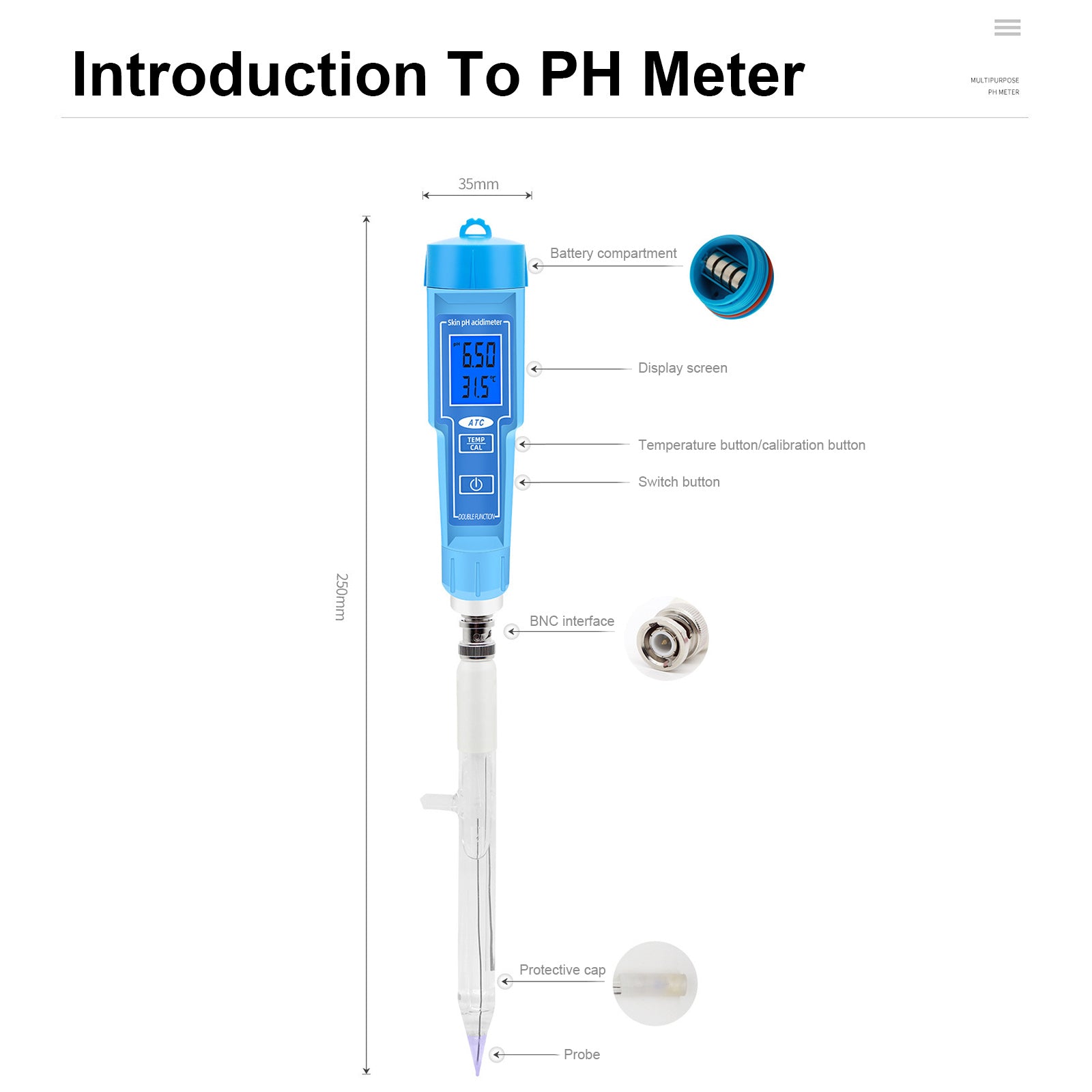 Penna del termometro del misuratore di pH per il tester digitale di acidità del laboratorio del suolo della carne della frutta dell'alimento