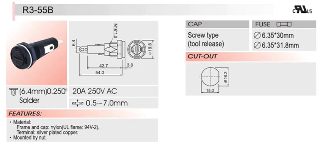 1 pièces SCI R3-55B support de fusible de châssis de montage sur panneau pour fusibles en verre 6x30mm 20A 250V