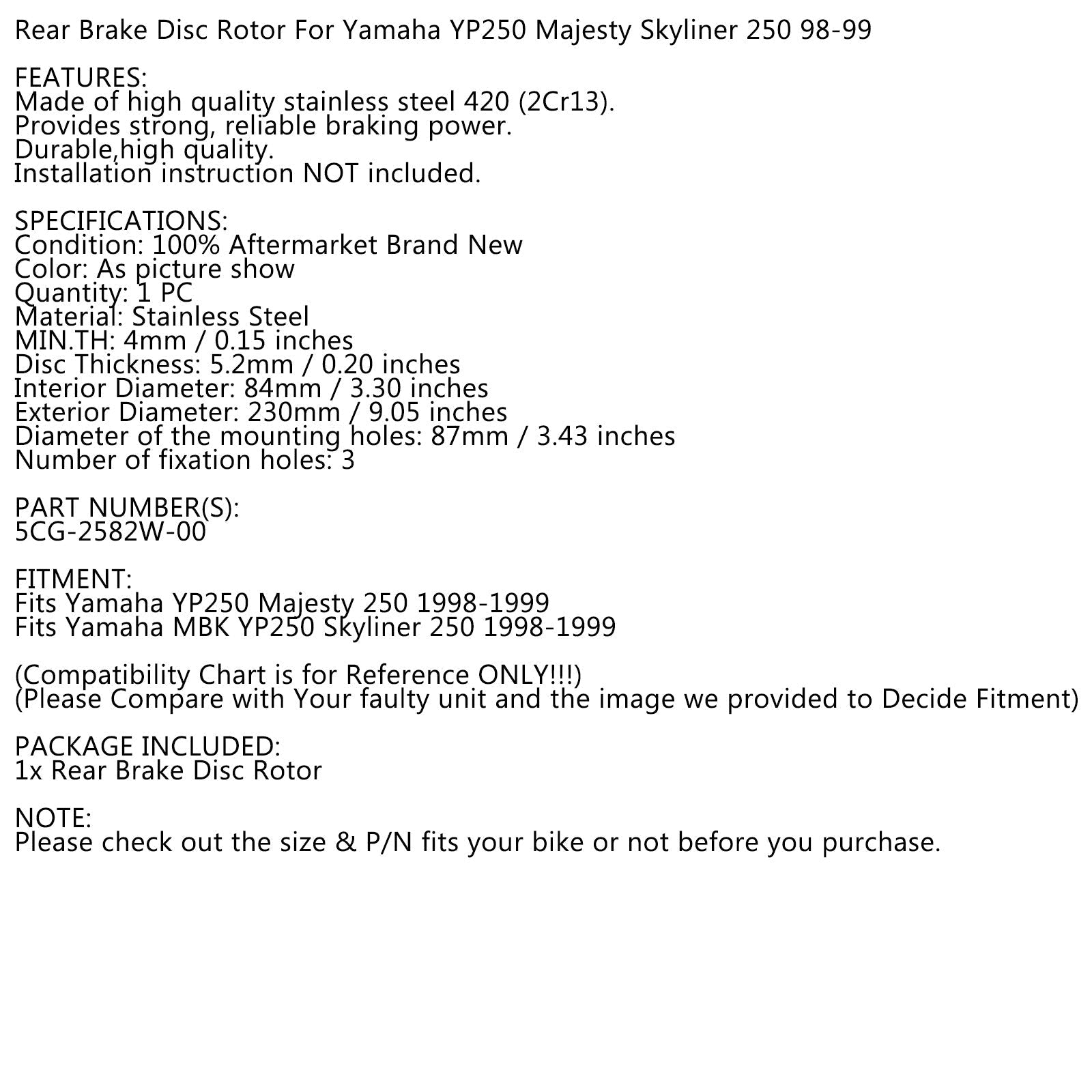 Rotor de disque de frein arrière pour Yamaha YP250 YP 250 Majesty 250 Skyliner 250 1998-1999 générique