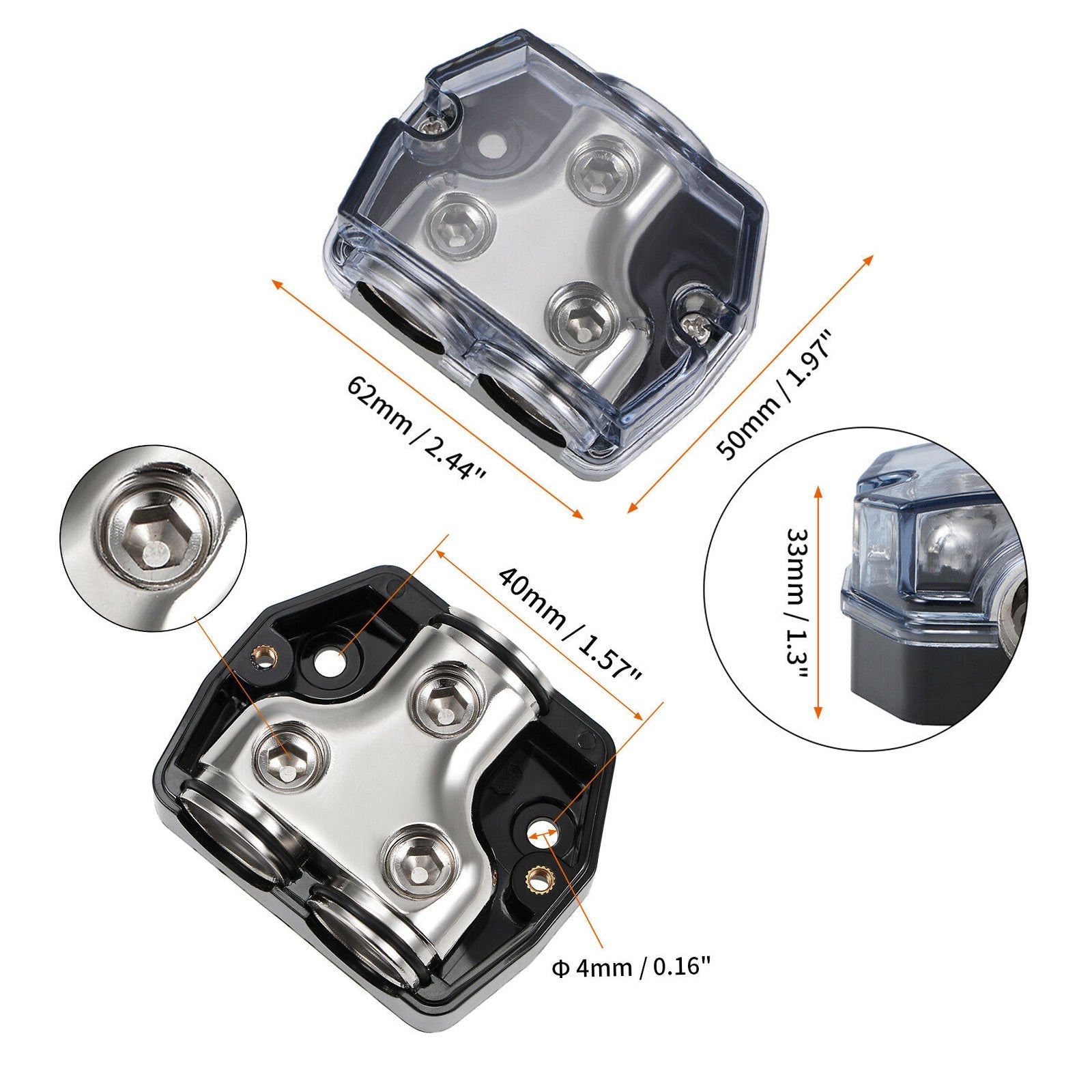 Boîtier en plastique transparent résistant à la chaleur Bloc de distribution de répartiteur nickelé 1x0 In 2x0 GA Out Block Splitter Fusebox pour Car Audio Marine