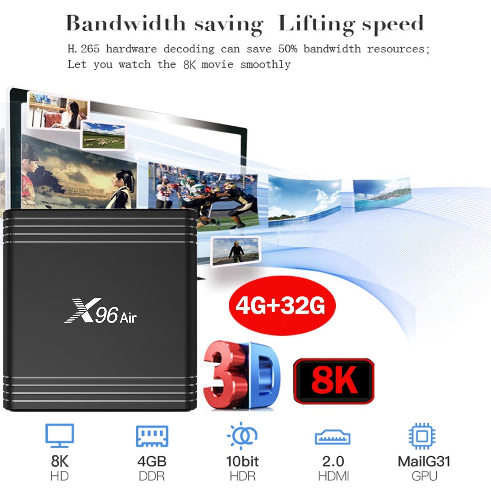 X96Air Android 9.0 4 + 32GB 8K Wifi Media Player TV BOX H616 Quad Core 3D Enchufe de la UE