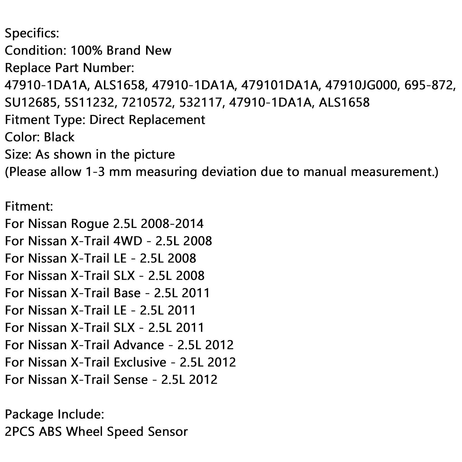 Sensore di velocità ruota anteriore ABS 2 pezzi per Nissan Rogue 2.5L 2008-2013 generico ALS1658