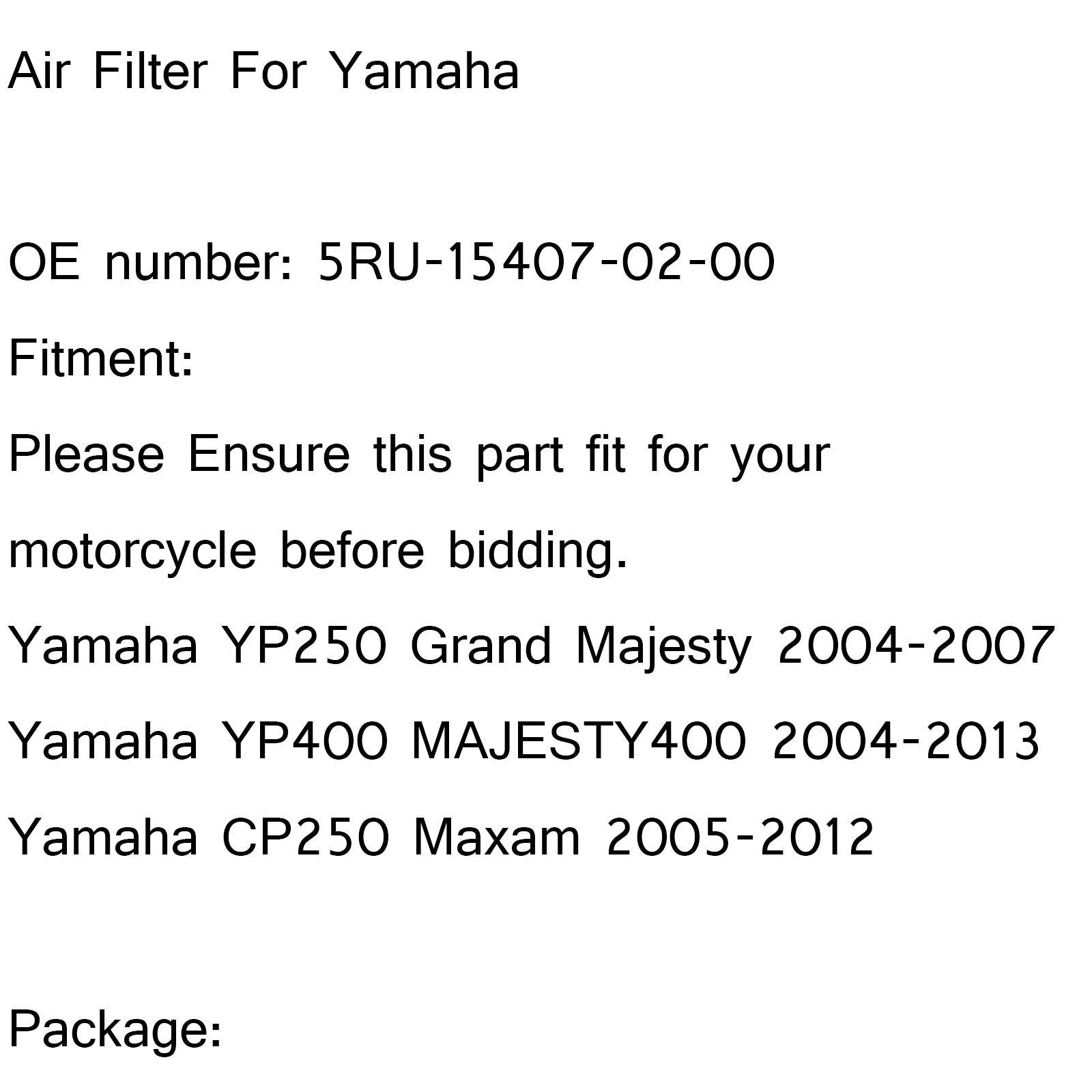 Filtro de aire para Yamaha YP400 Majesty 400 04-13 CP250 Morphous 250 05-12 Genérico