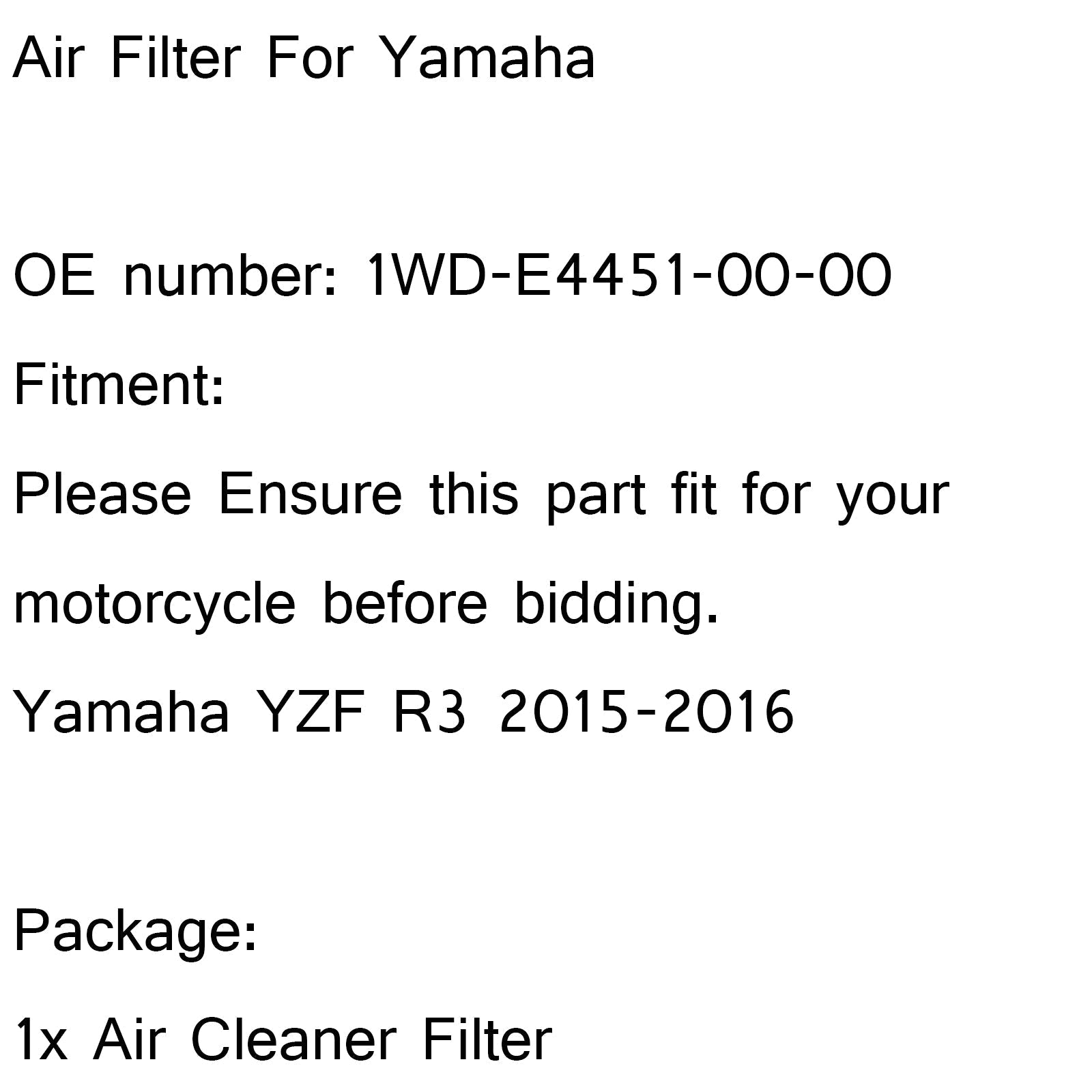 Limpiador de admisión de filtro de aire para Yamaha YZF R1 2015 2016 genérico 1WD-E4451-00-00