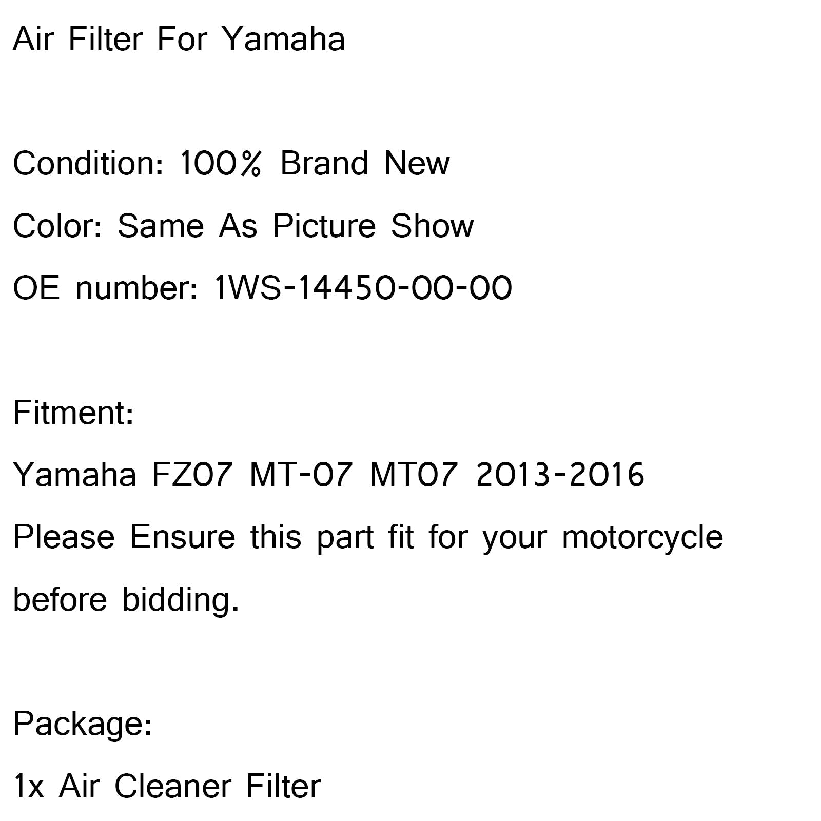 Detergente di aspirazione del filtro dell'aria per Yamaha FZ07 MT-07 MT07 2013-2016 Generico 1WS-14450-00-00