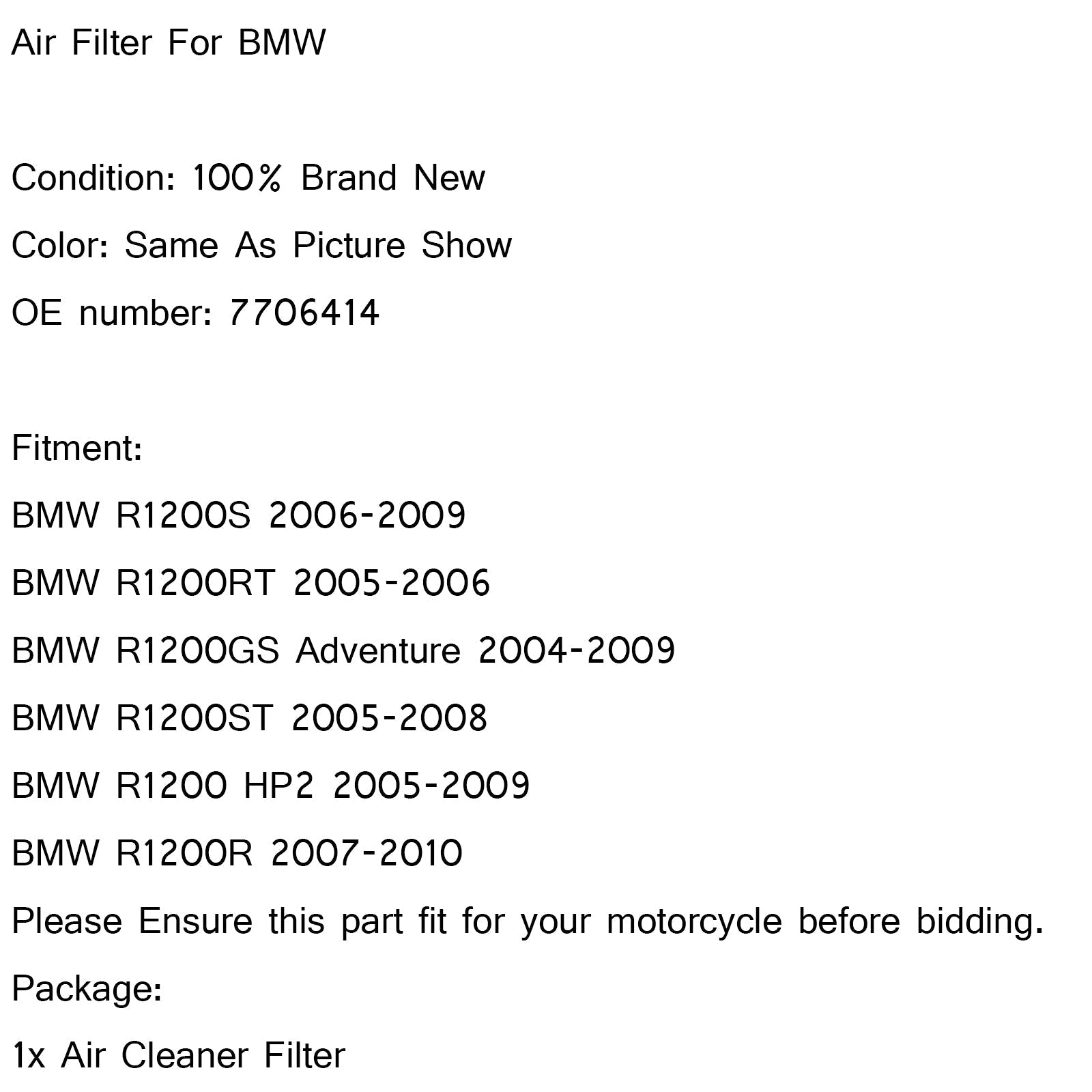 Nettoyant d'admission de filtre à air pour BMW R1200GS Adventure 2004-2009 P/N.7706414 Générique