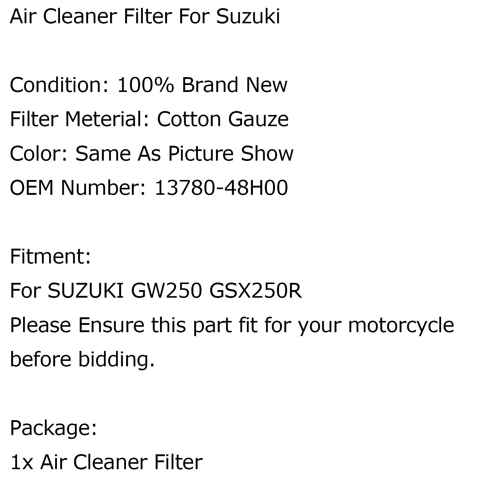 Elemento pulitore di ricambio ad alto flusso per Suzuki GW250 GSX250R Generico