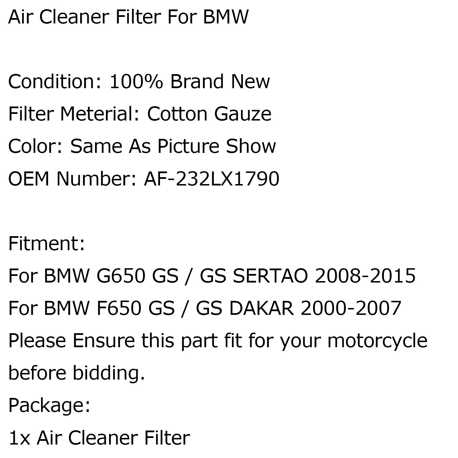 Élément de filtre à air pour BMW G650 GS / GS SERTAO 08-15 DAKAR 2000-2007 Générique