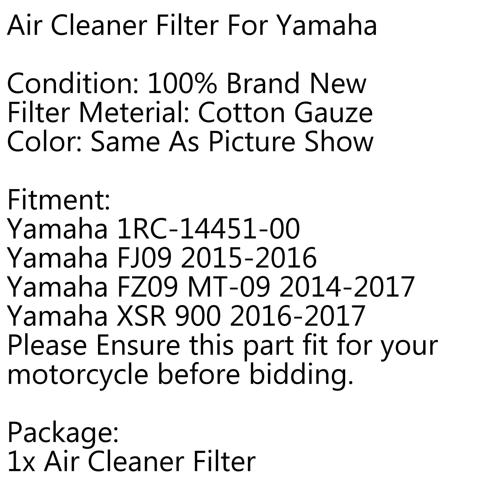 Elemento del filtro de aire para Yamaha XSR 900 FZ09 MT-09 2014-2017 Genérico