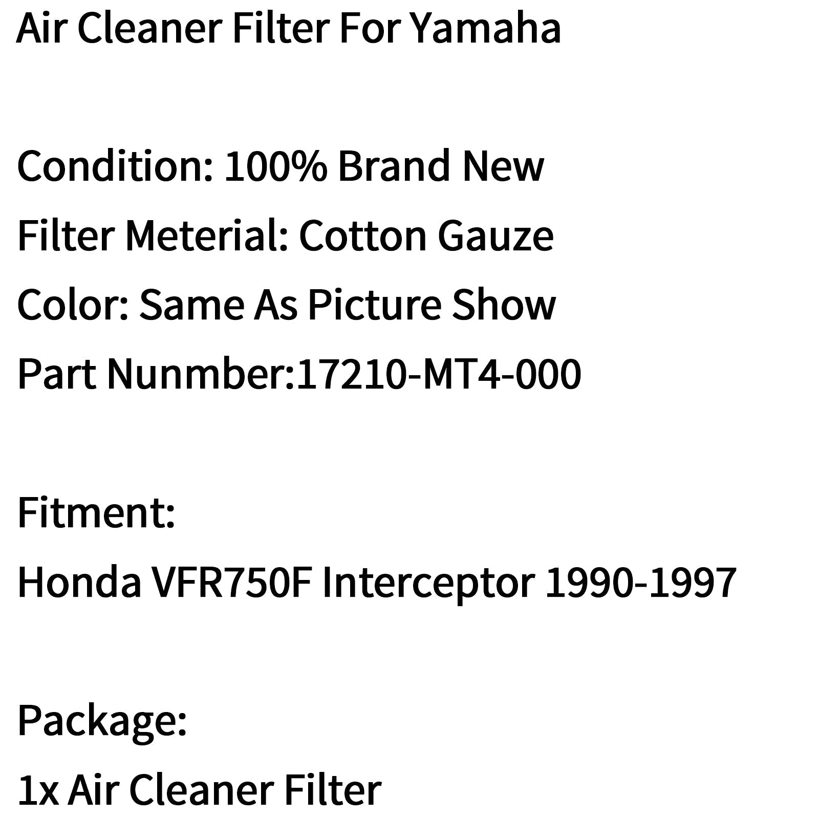 Elemento del filtro de aire para Honda VFR750F Interceptor 1990-1997 Genérico 17210-MT4-000