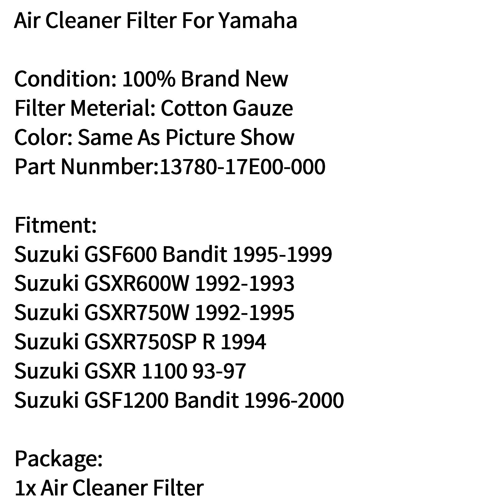 Elemento de filtro de aire para Suzuki GSXR 1100 93-97 GSF1200 Bandit GSXR750W Genérico