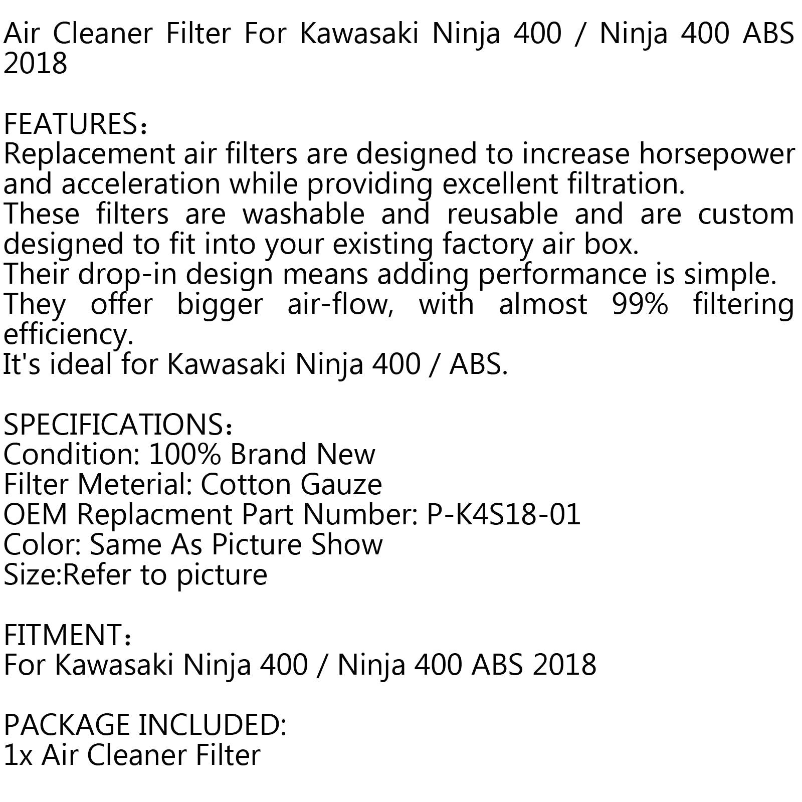 Filtre à air pour Kawasaki Ninja 400 / ABS 2018 P-K4S18-01 Générique