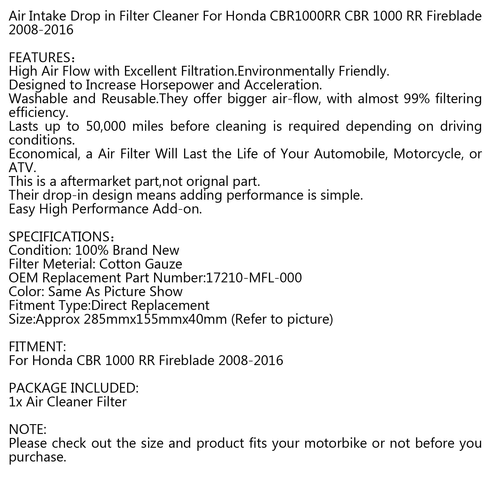 Nettoyant de filtre d'admission d'air pour Honda CBR1000RR Fireblade 08-16 17210-MFL-000 générique