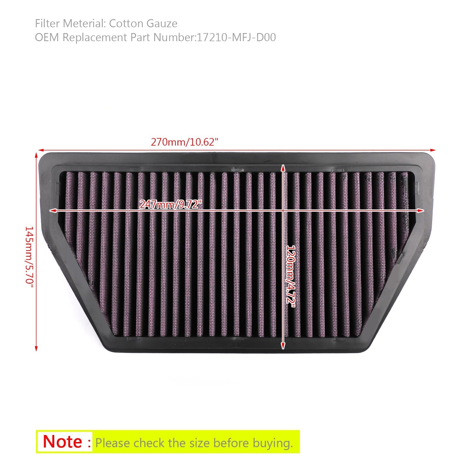 Limpiador de filtro de entrada de aire para Honda CBR600RR/RA 2007-2015 genérico 17210-MFJ-D00