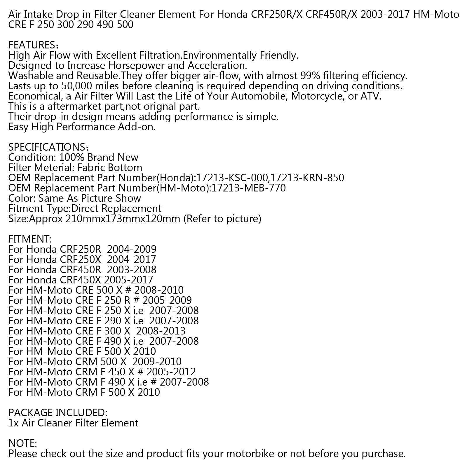 Nettoyeur de filtre d'admission d'air pour Honda CRF250R/X CRF450R/X 2003-2017 17213-MEB-770 générique