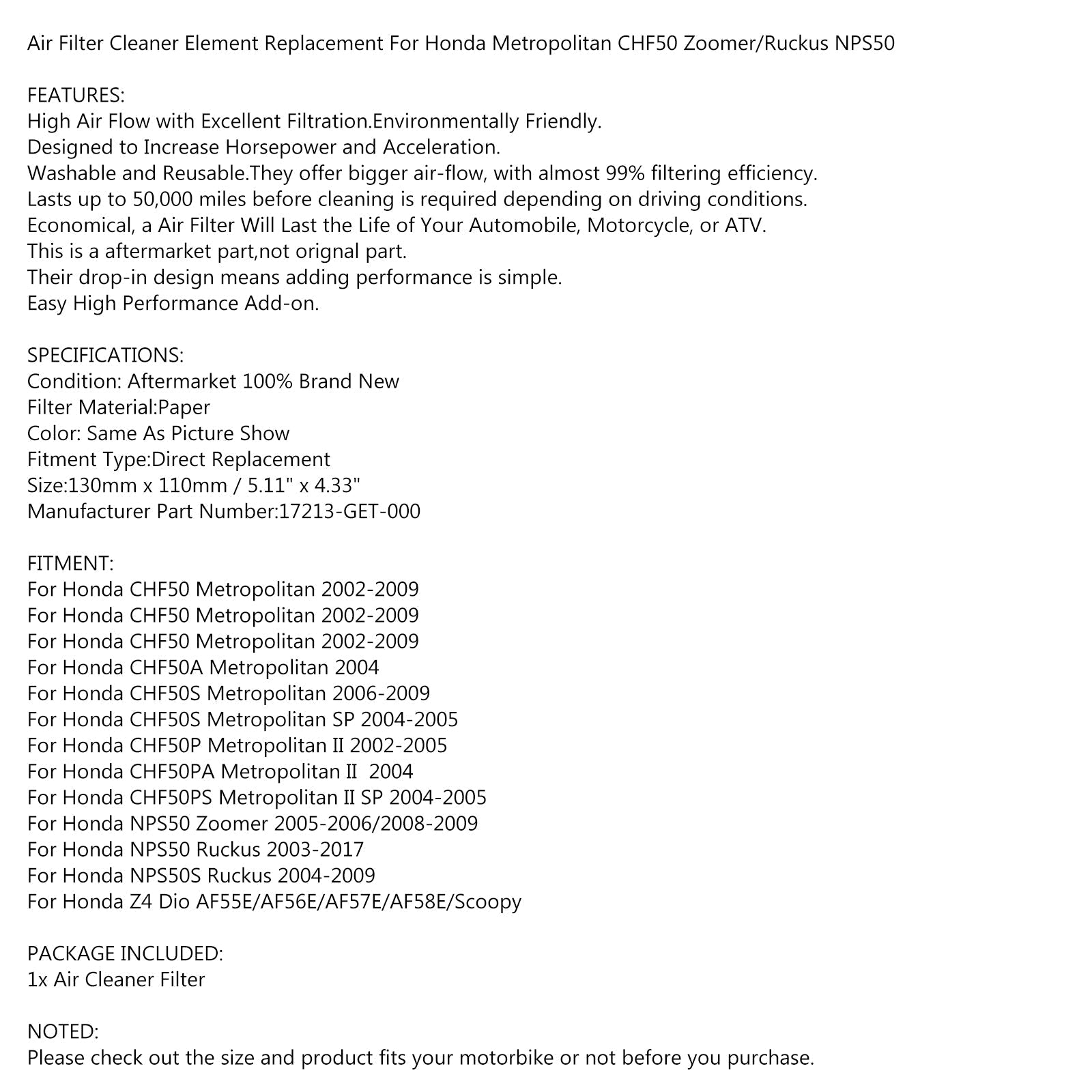 Limpiador de filtro de aire para Honda RUCKUS 50 NPS50 METROPOLITAN 50 CHF50 2002-2017 Genérico