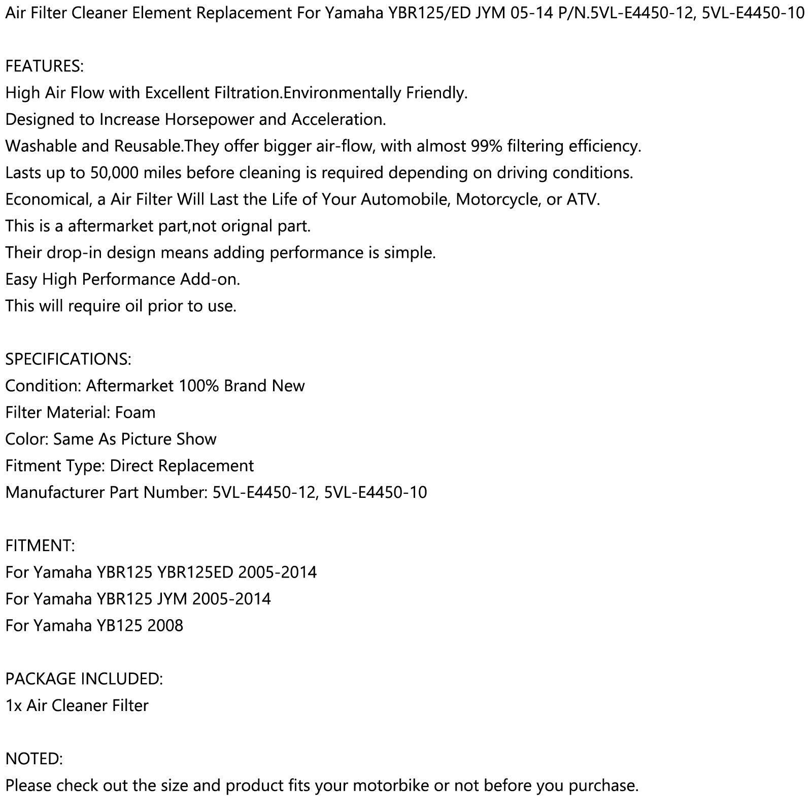 Filtro de aire para Yamaha YBR125 YBR 125 Standard &amp; Custom 2005-2014 5VL-E4450-12 Genérico