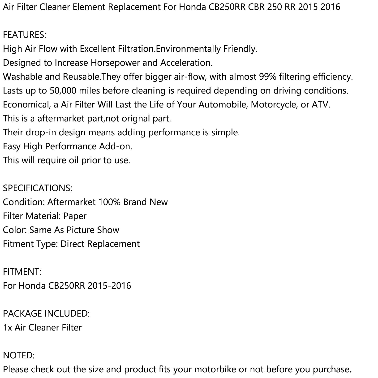 Remplacement de l'élément de filtre à air pour Honda CB250RR CB 250 RR 2015-2016 générique