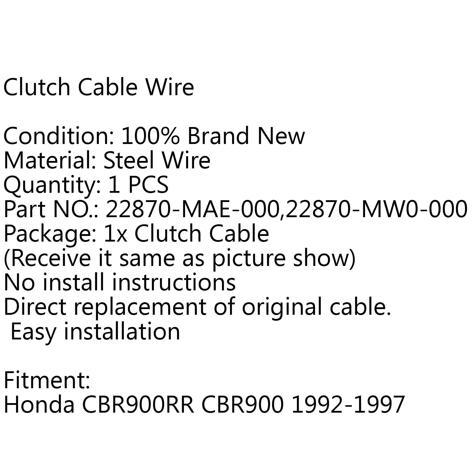 Remplacement de câble d'embrayage pour Honda CBR900RR CBR900 1992-1997 1993 1994 1995 générique