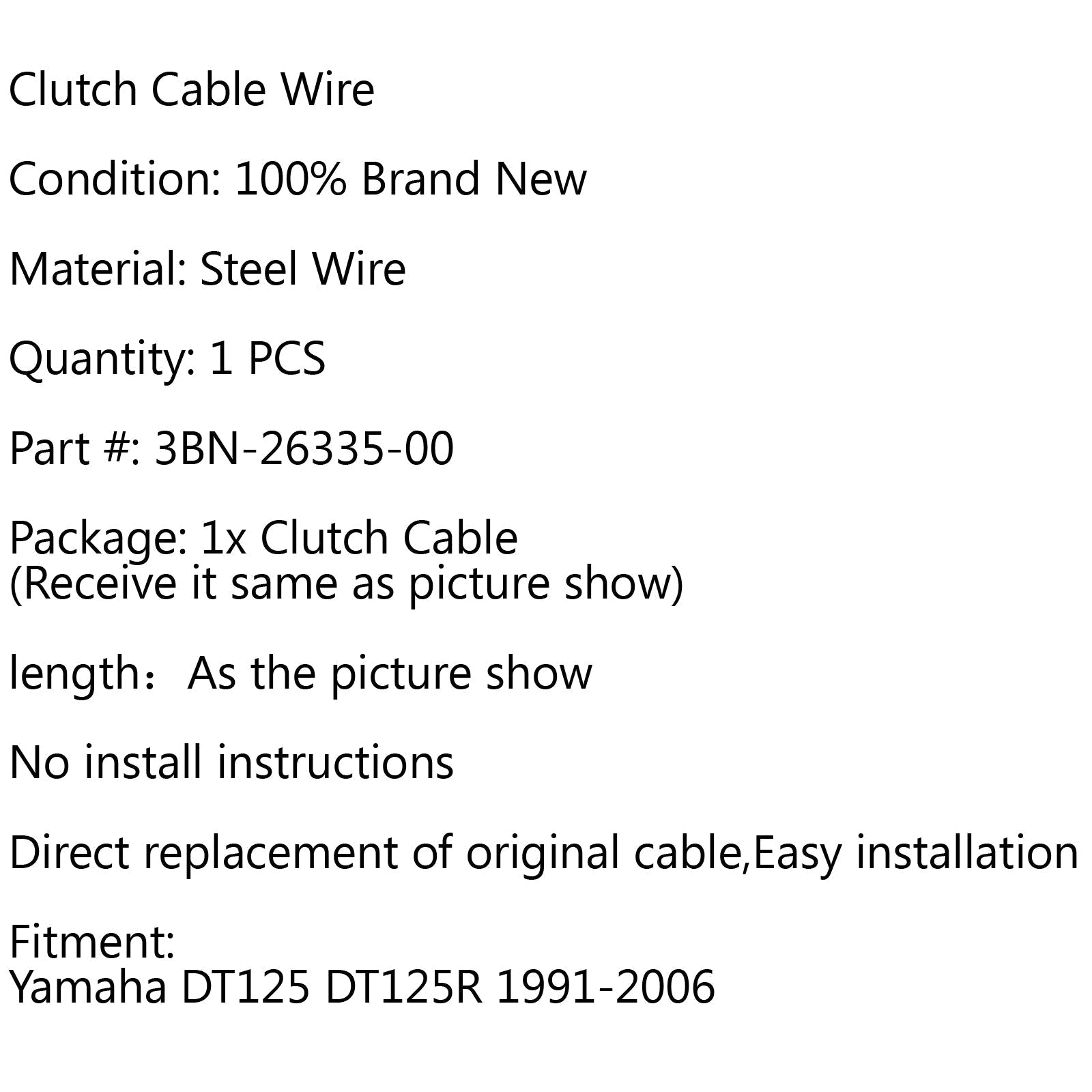Cable de embrague de repuesto 3BN-26335-00 para Yamaha DT125 DT125R 1991-2006 genérico