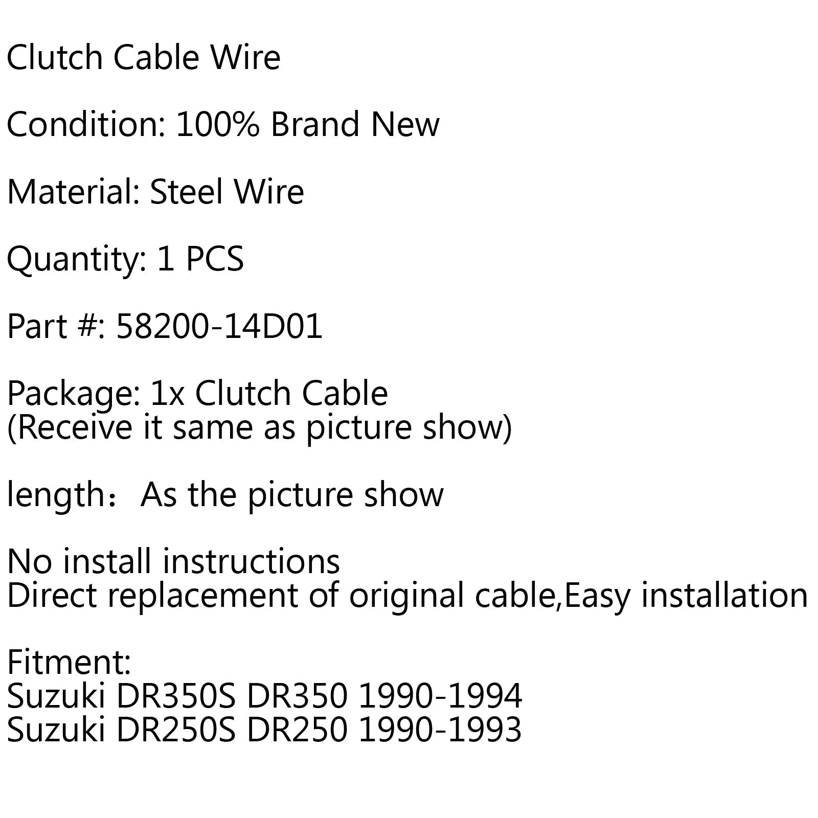 Cable de embrague de repuesto para Suzuki DR350S DR350 1990-1994 DR250S DR250 90-93 genérico