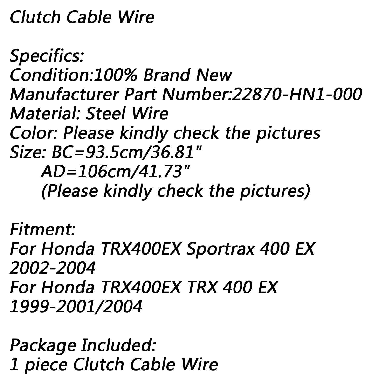 Fil de câble d'embrayage noir pour Honda TRX400EX Sportrax 400 EX 22870-HN1-000 générique