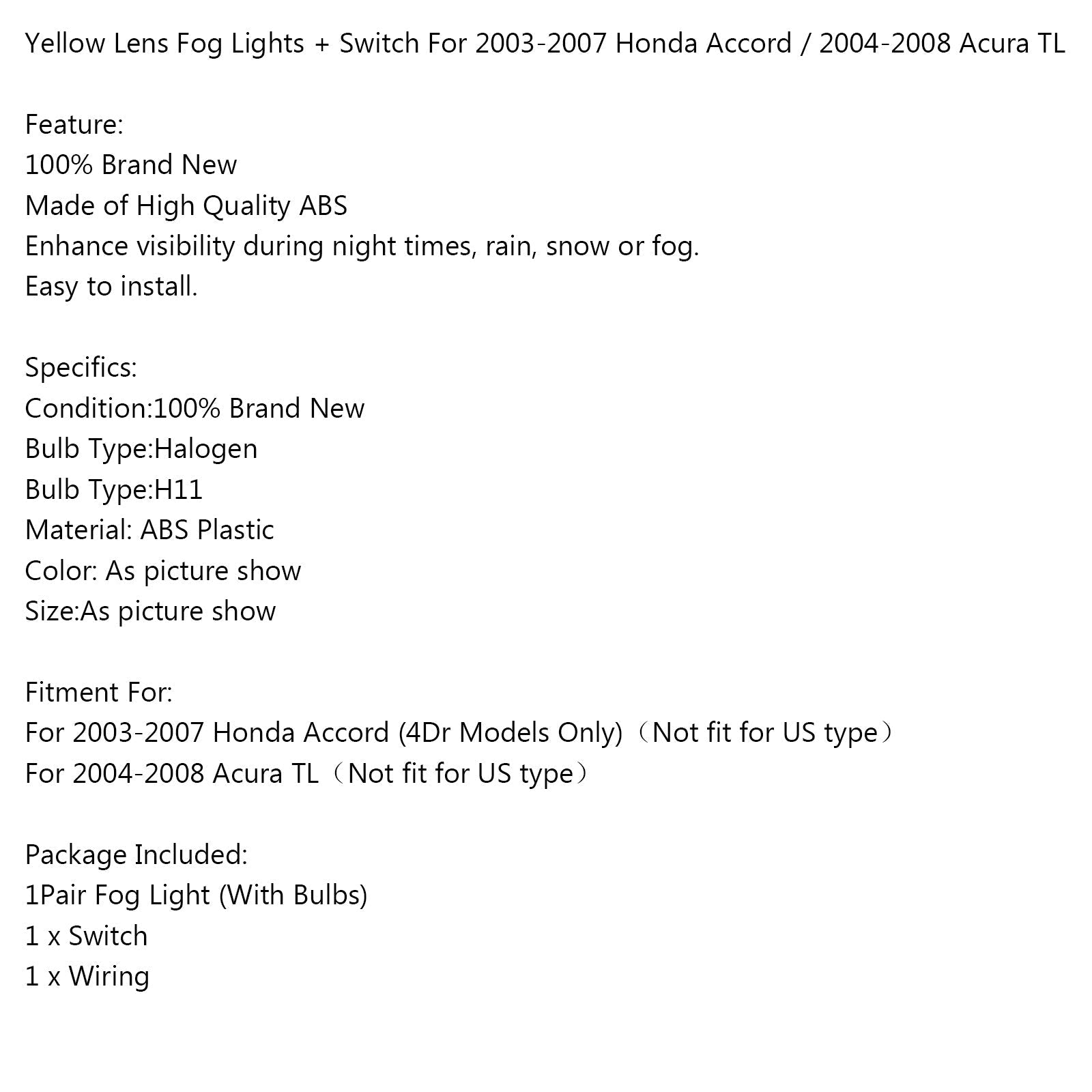 Phares antibrouillard à lentille jaune + interrupteur pour Honda Accord 2003-2007 / Acura TL 2004-2008 générique